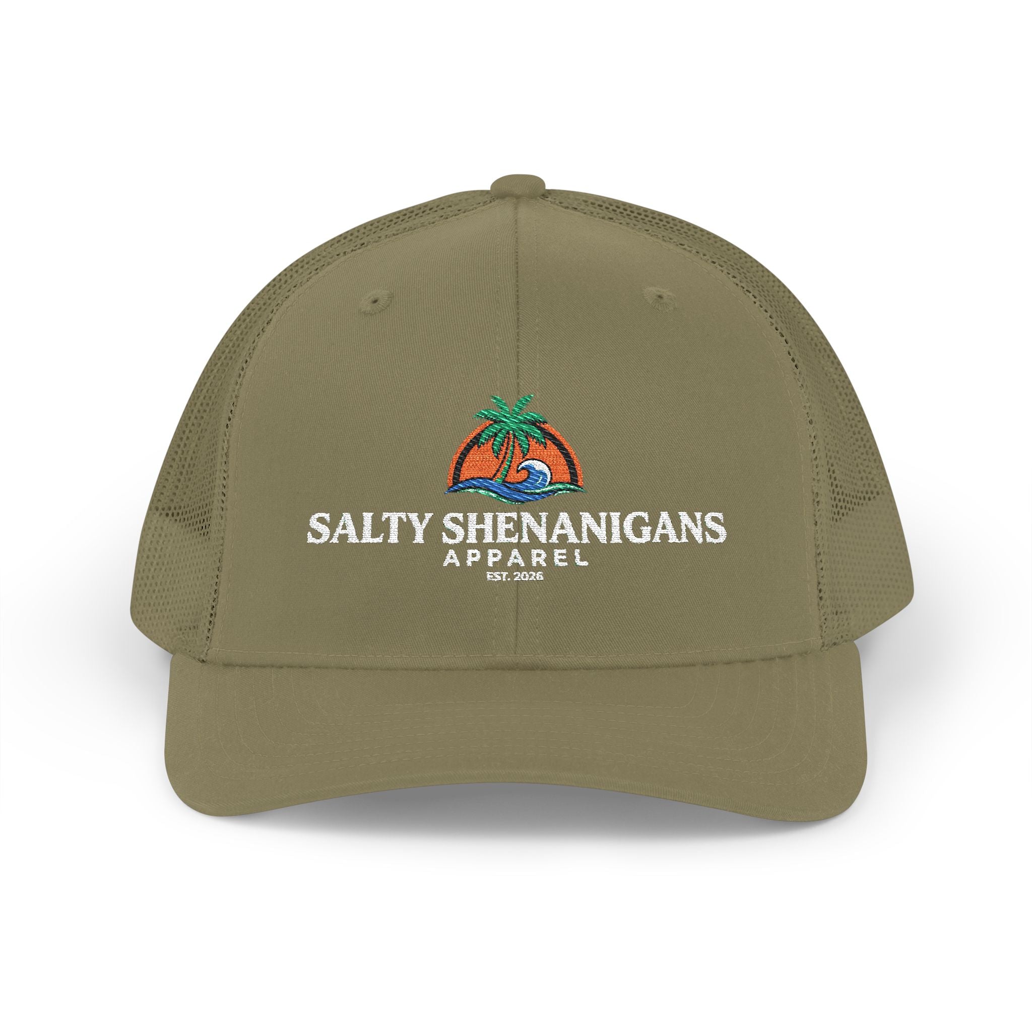 Salty Shenanigans Apparel Coastal Palm Wave Logo Collection | Premium Beach Lifestyle Trucker Hat & Graphic Tee | Richardson 112 Inspired Printify