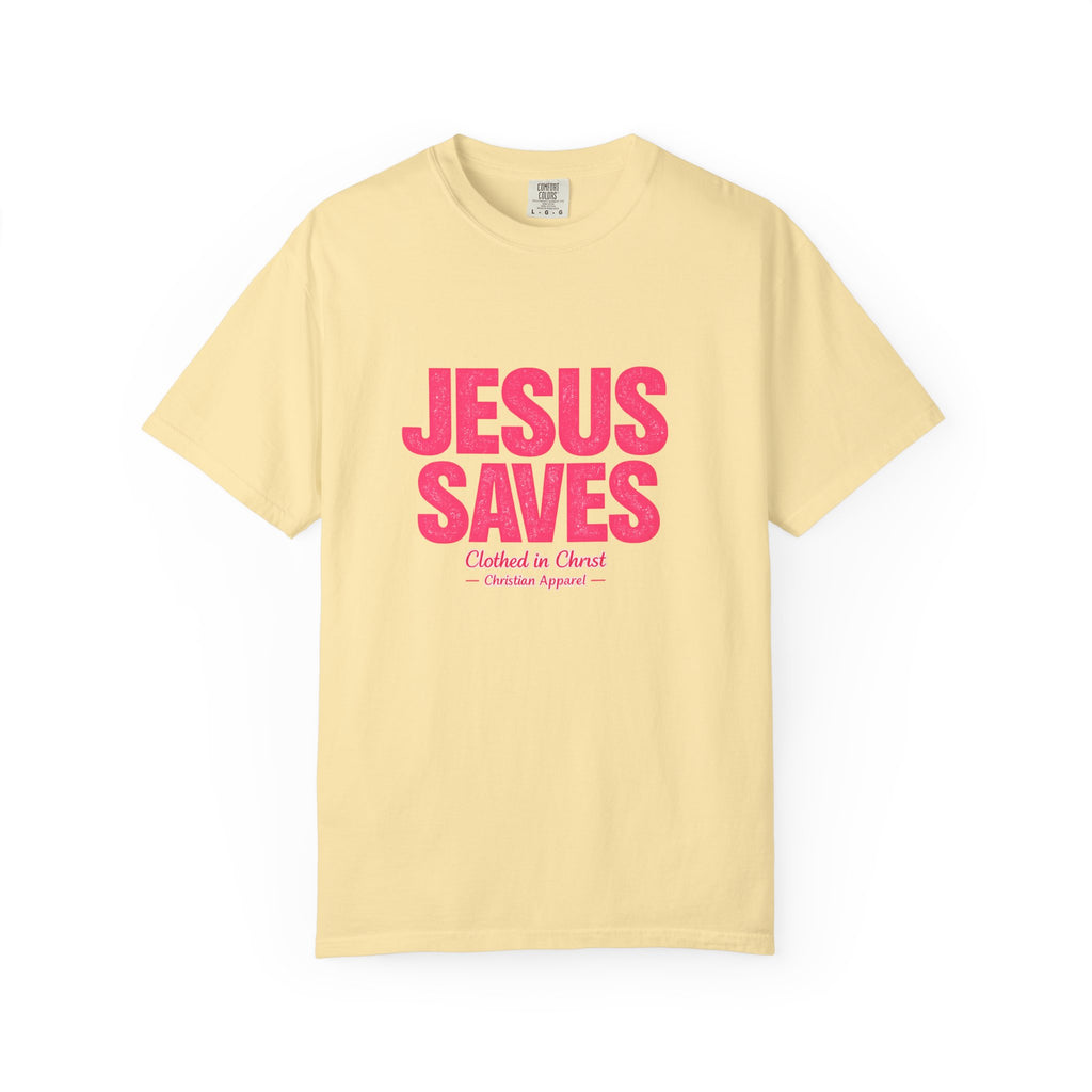 Clothed In Christ -Jesus Saves T-Shirt — Bold Pink Christian Faith Tee Printify