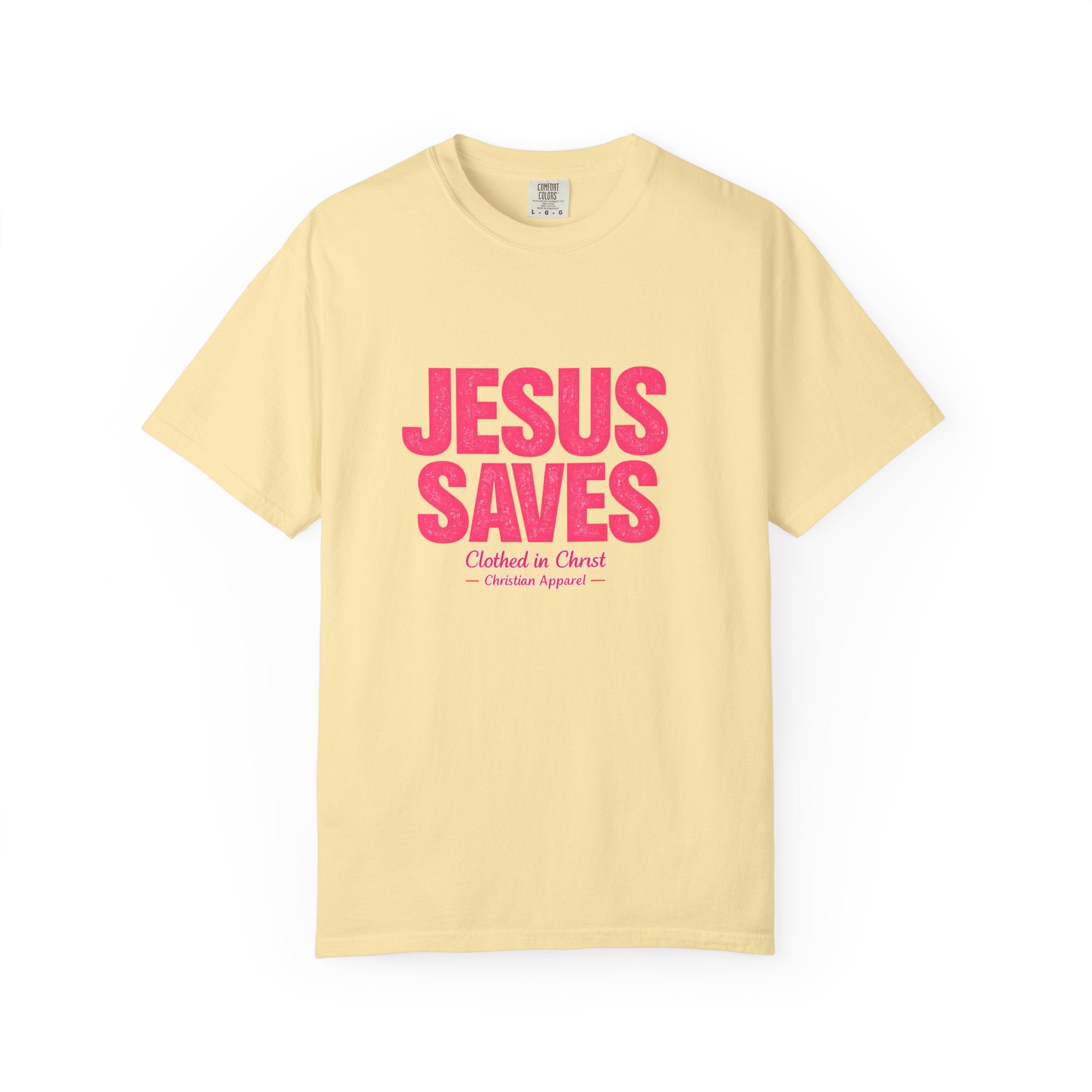 Clothed In Christ -Jesus Saves T-Shirt — Bold Pink Christian Faith Tee Printify