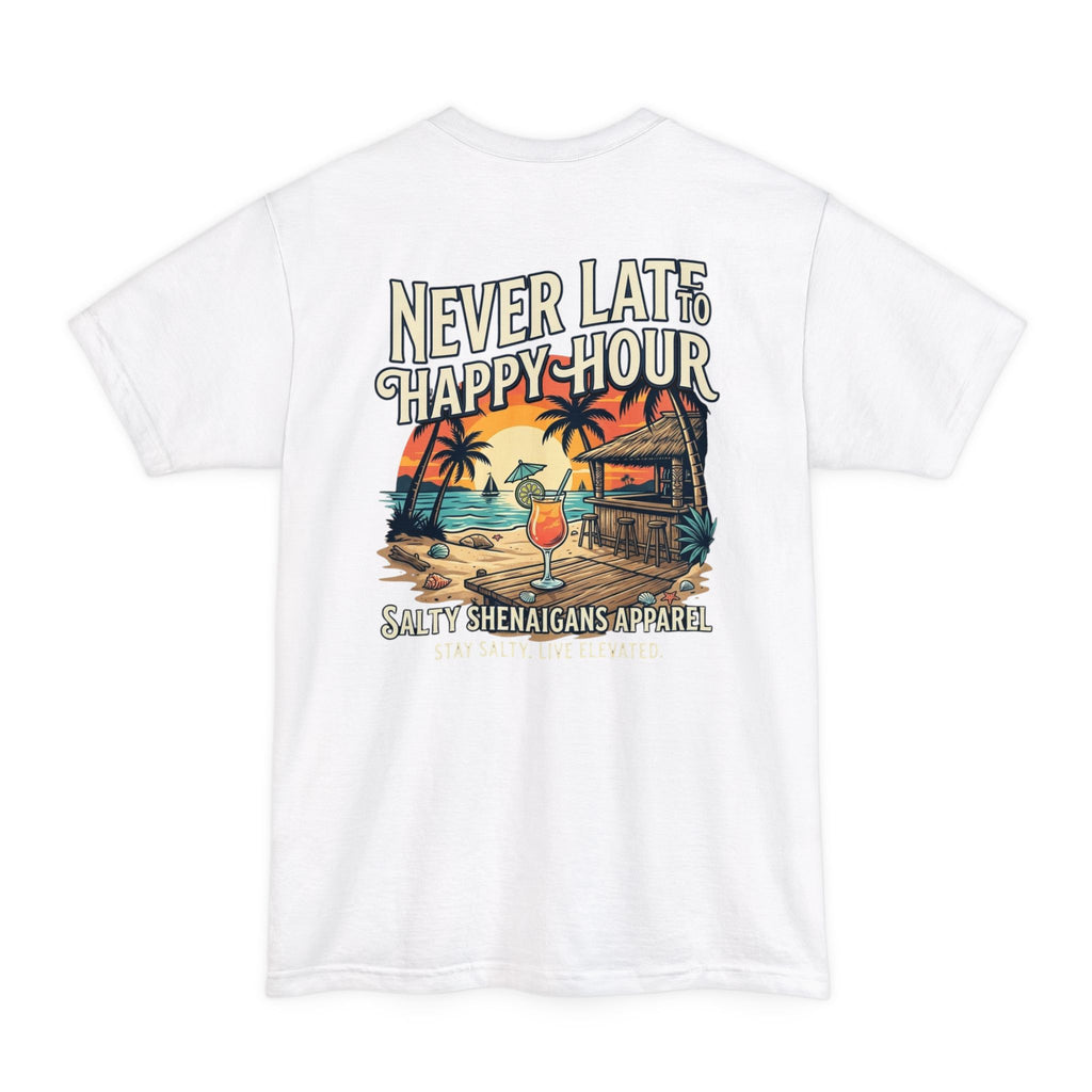 Never Late to Happy Hour – Funny Beach Bar Graphic Tee | Hanes Beefy-T Adult T-Shirt Printify
