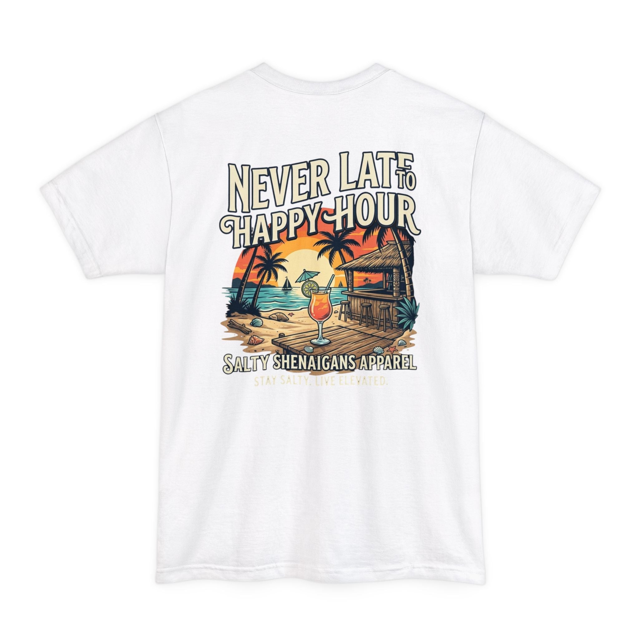 Never Late to Happy Hour – Funny Beach Bar Graphic Tee | Hanes Beefy-T Adult T-Shirt Printify