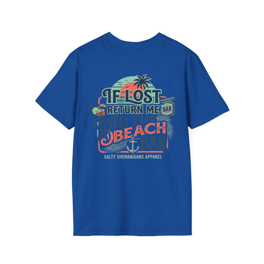 If Lost Return Me To The Beach Bar T-Shirt | Funny Coastal Vacation Graphic Tee | Gildan 64000 | Salty Shenanigans Apparel Printify