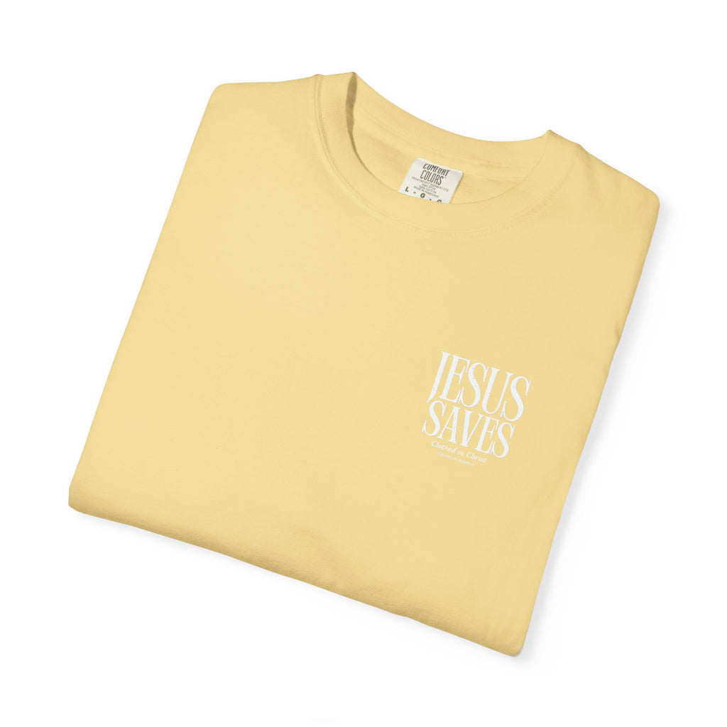 Jesus Saves T-Shirt — Minimal Embossed Religious Tee Printify