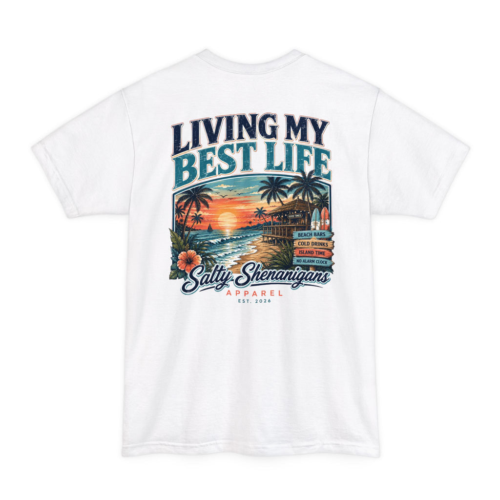 Living My Best Life Sunset Tee | Hanes Beefy-T Tall Beach Vacation T-Shirt Printify