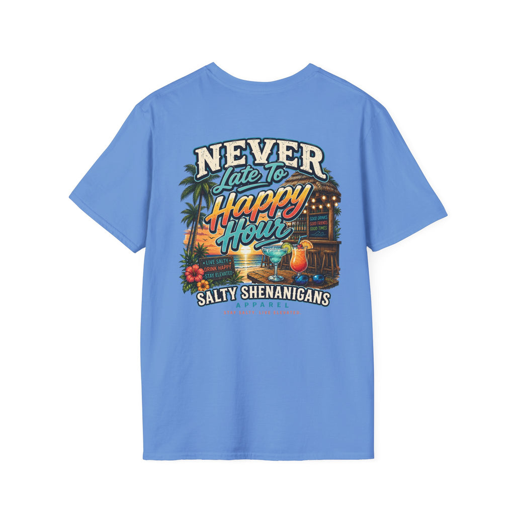 Never Late to Happy Hour Coastal Sunset Tee Printify