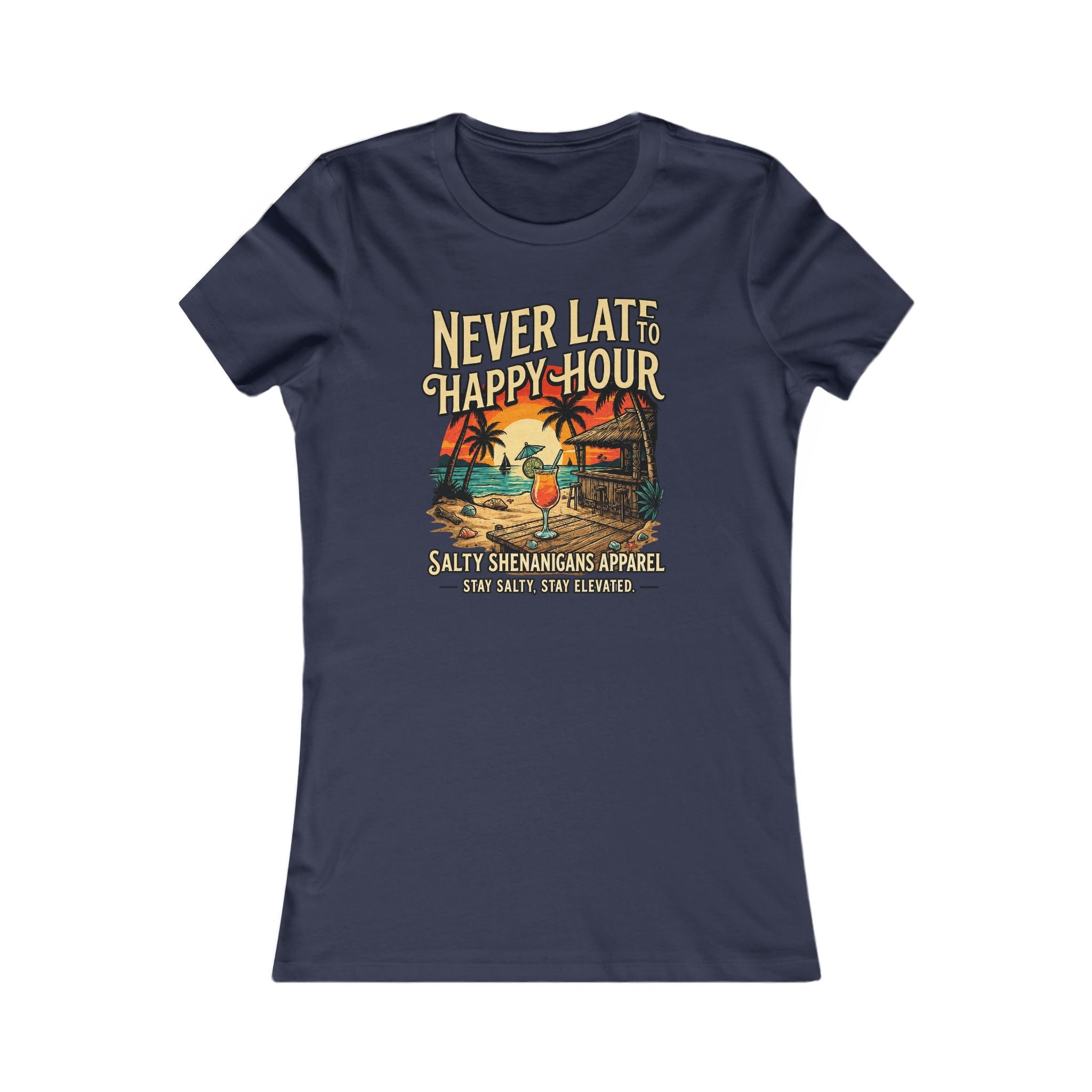 Women's Never Late to Happy Hour  Bella+Canvas Coastal Vacation Tee Printify
