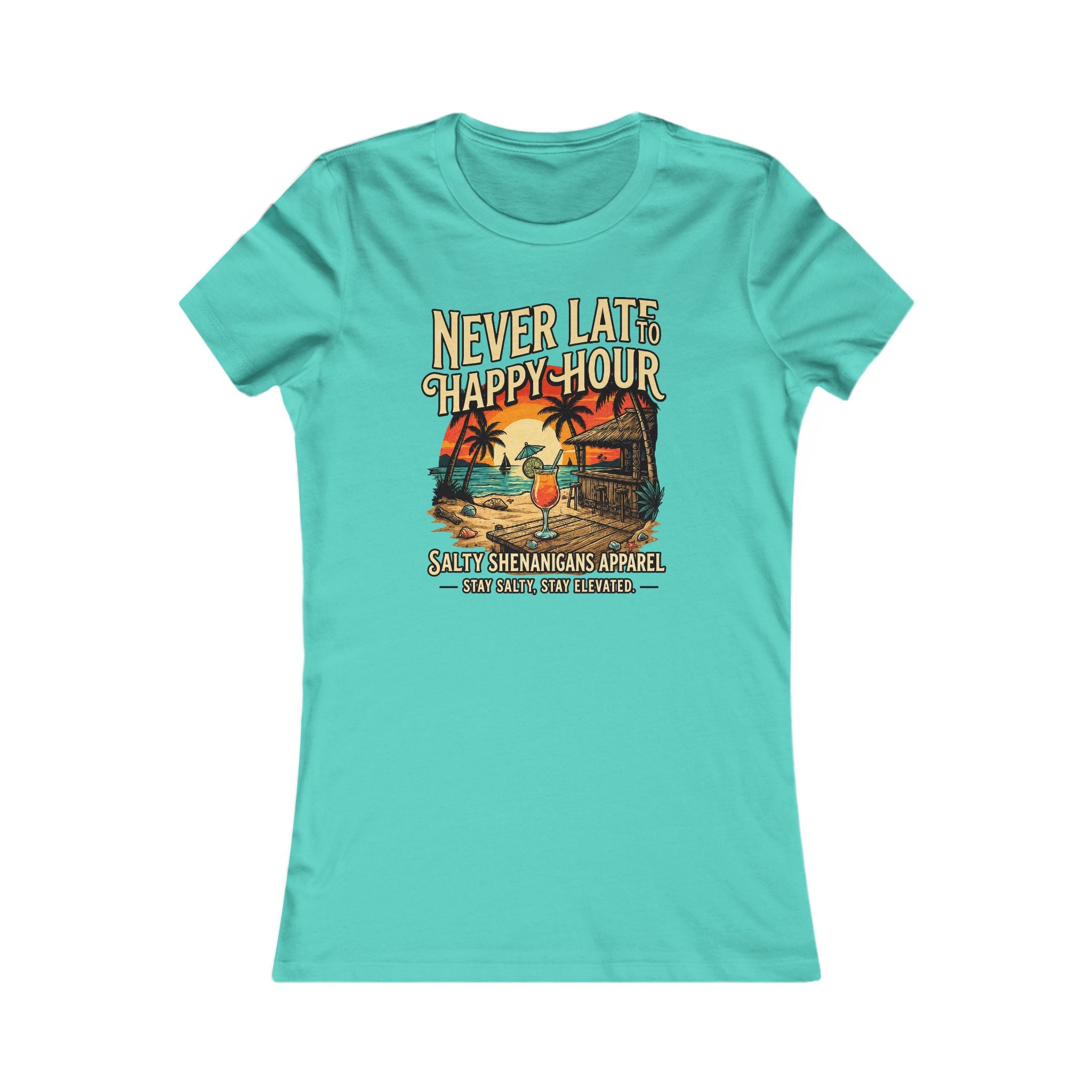 Women's Never Late to Happy Hour  Bella+Canvas Coastal Vacation Tee Printify