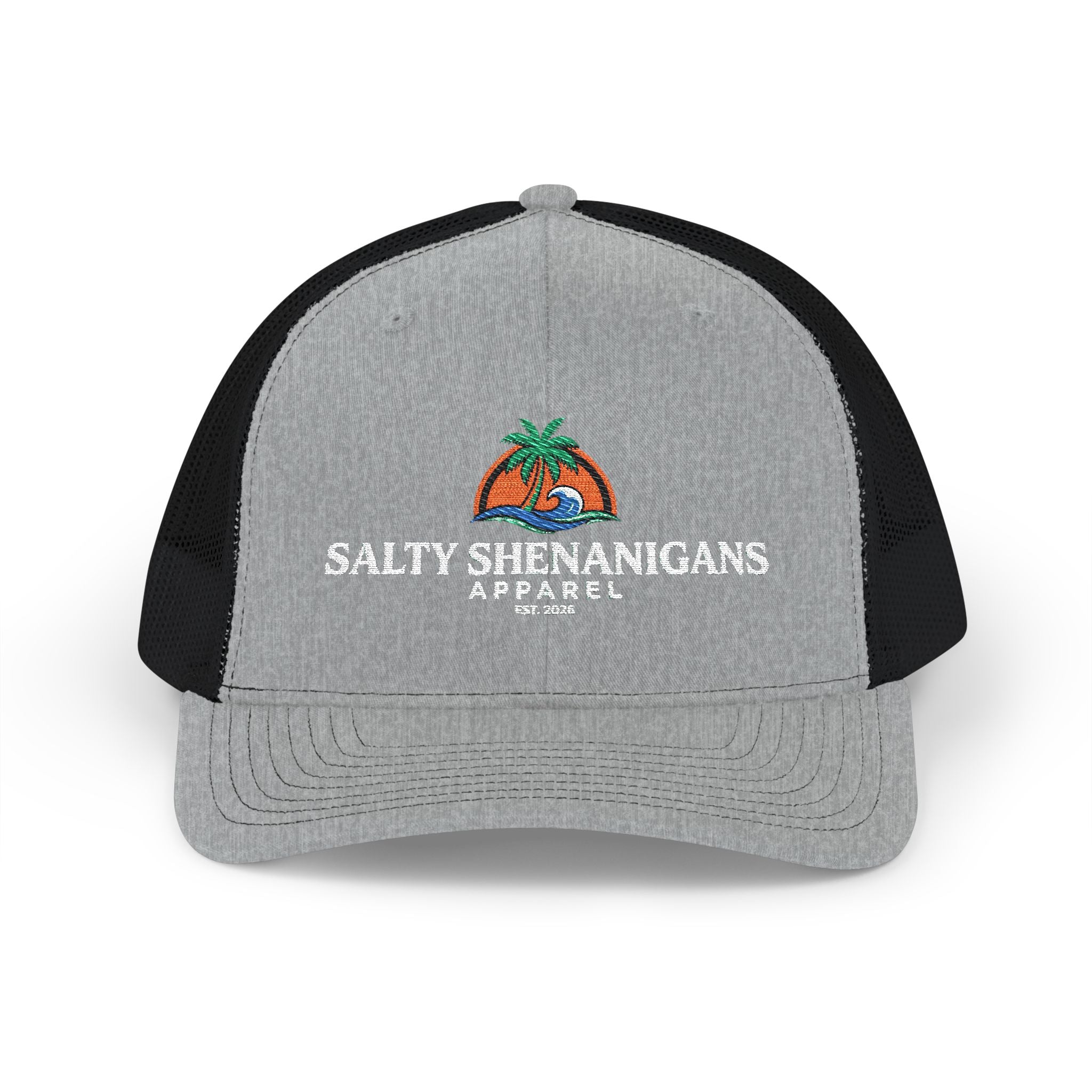 Salty Shenanigans Apparel Coastal Palm Wave Logo Collection | Premium Beach Lifestyle Trucker Hat & Graphic Tee | Richardson 112 Inspired Printify