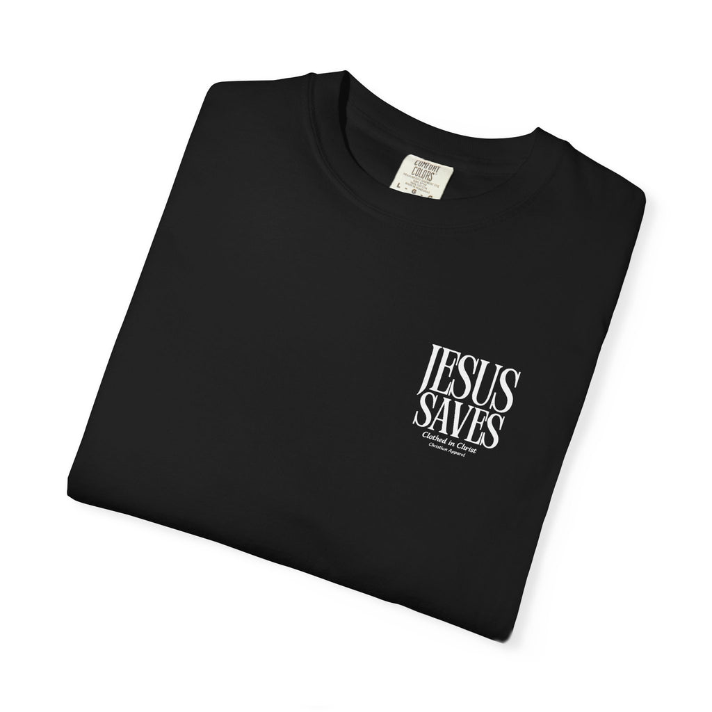 Jesus Saves T-Shirt — Minimal Embossed Religious Tee Printify