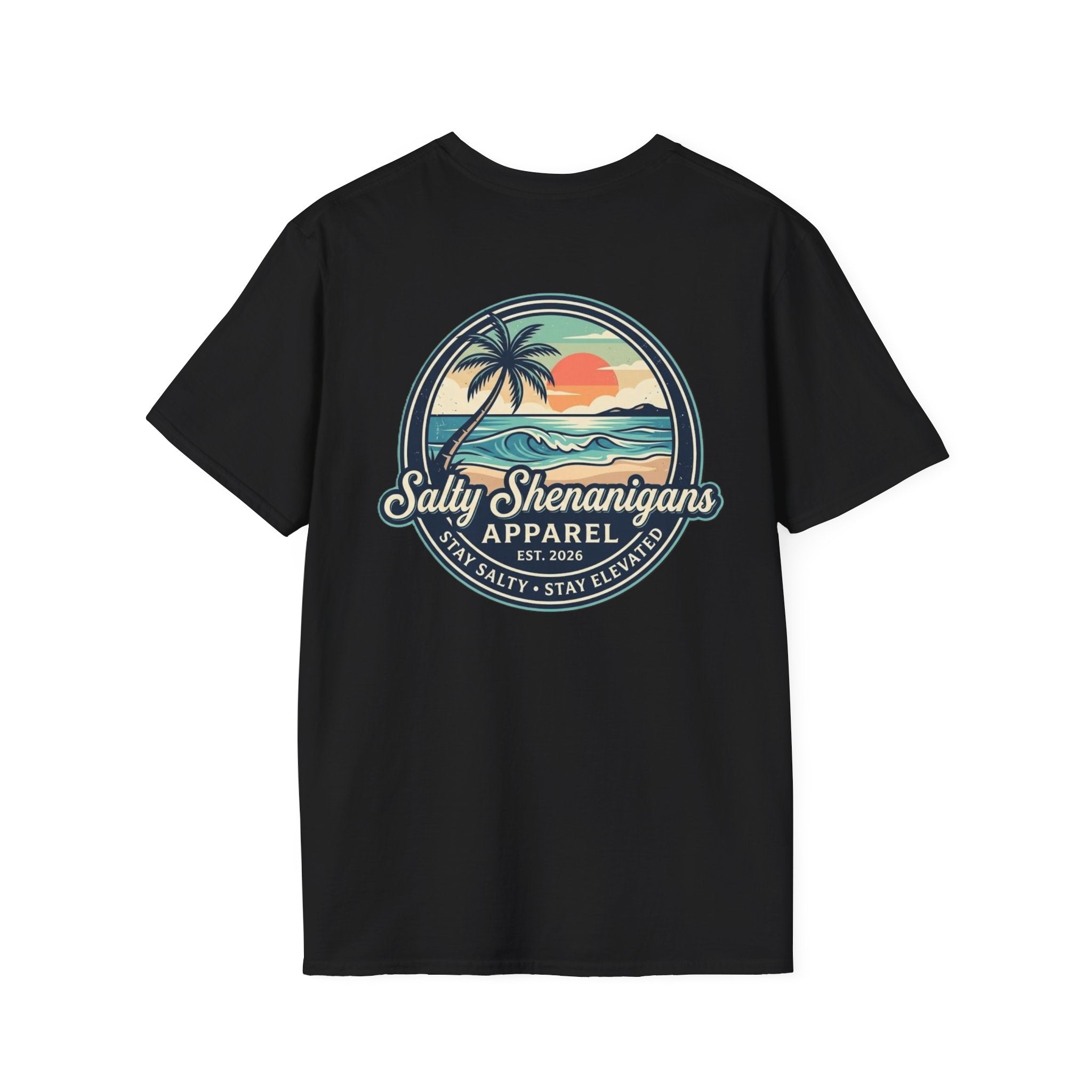 Salty Shenanigans Vintage Coastal Sunset Logo Printify