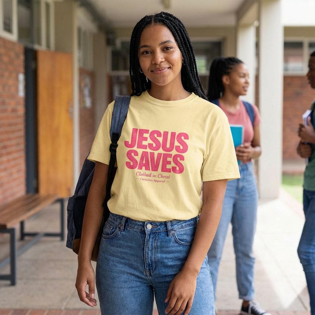 Clothed In Christ -Jesus Saves T-Shirt — Bold Pink Christian Faith Tee Printify