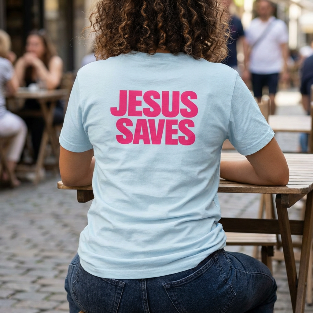 Jesus Saves T‑Shirt — Bold Pink Faith Graphic Tee Printify