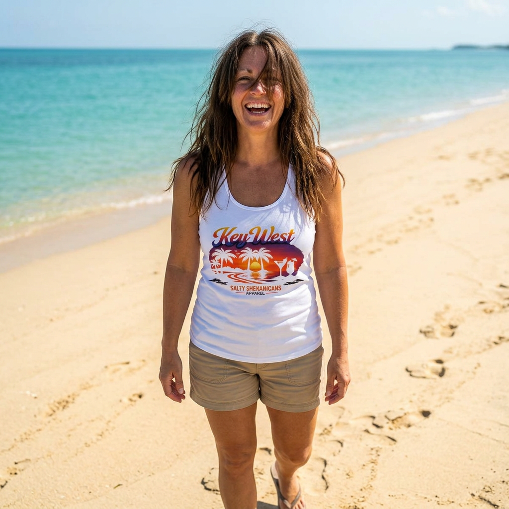 Women's Salty Shenanigans Key West Palm Racerback Tank Printify
