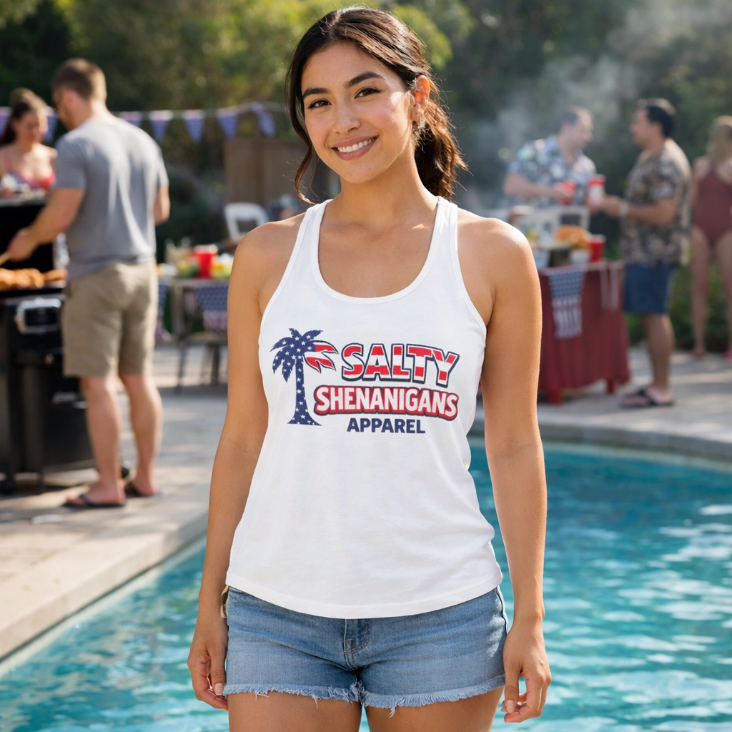 Women's Salty Shenanigans Patriotic Palm Racerback Tank Printify