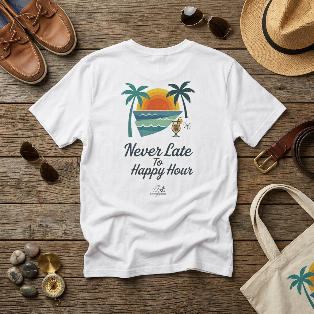 Salty Shenanigans Apparel Never Late To Happy Hour T-Shirt Printify