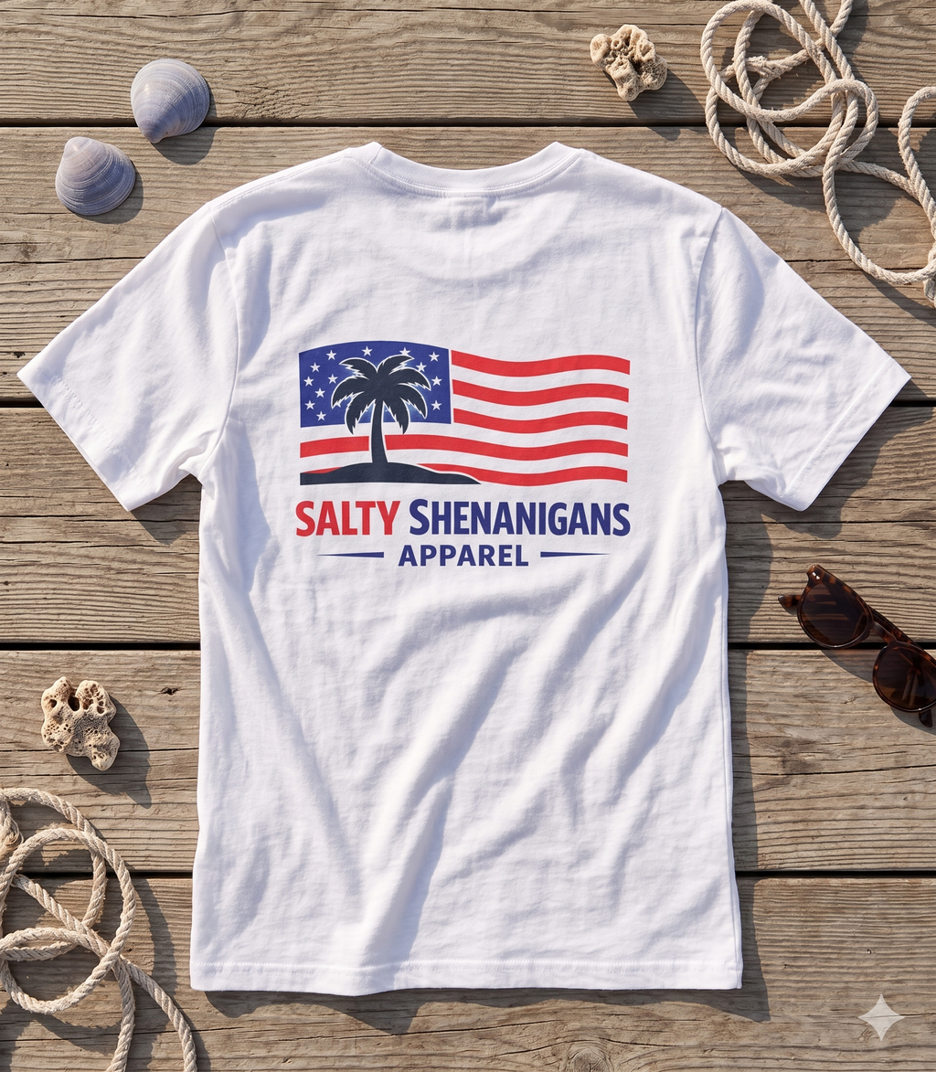Salty Shenanigans Apparel USA Flag Palm T-Shirt Printify