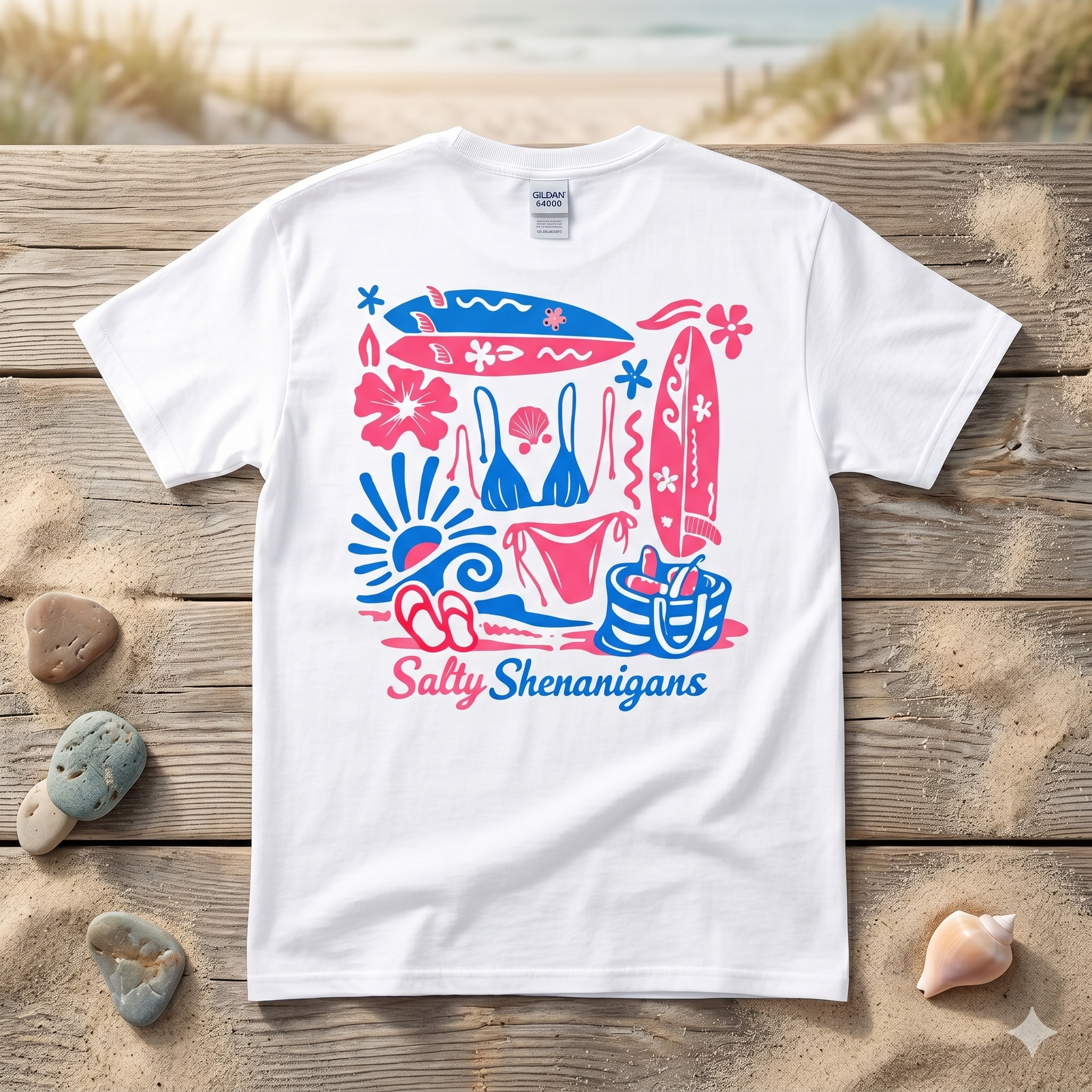 Salty Shenanigans Beach Club T-Shirt — Graphic Beach Scene Tee Printify