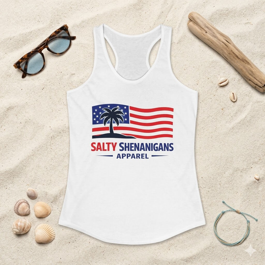 Women's Salty Shenanigans American Flag Racerback Tank Printify