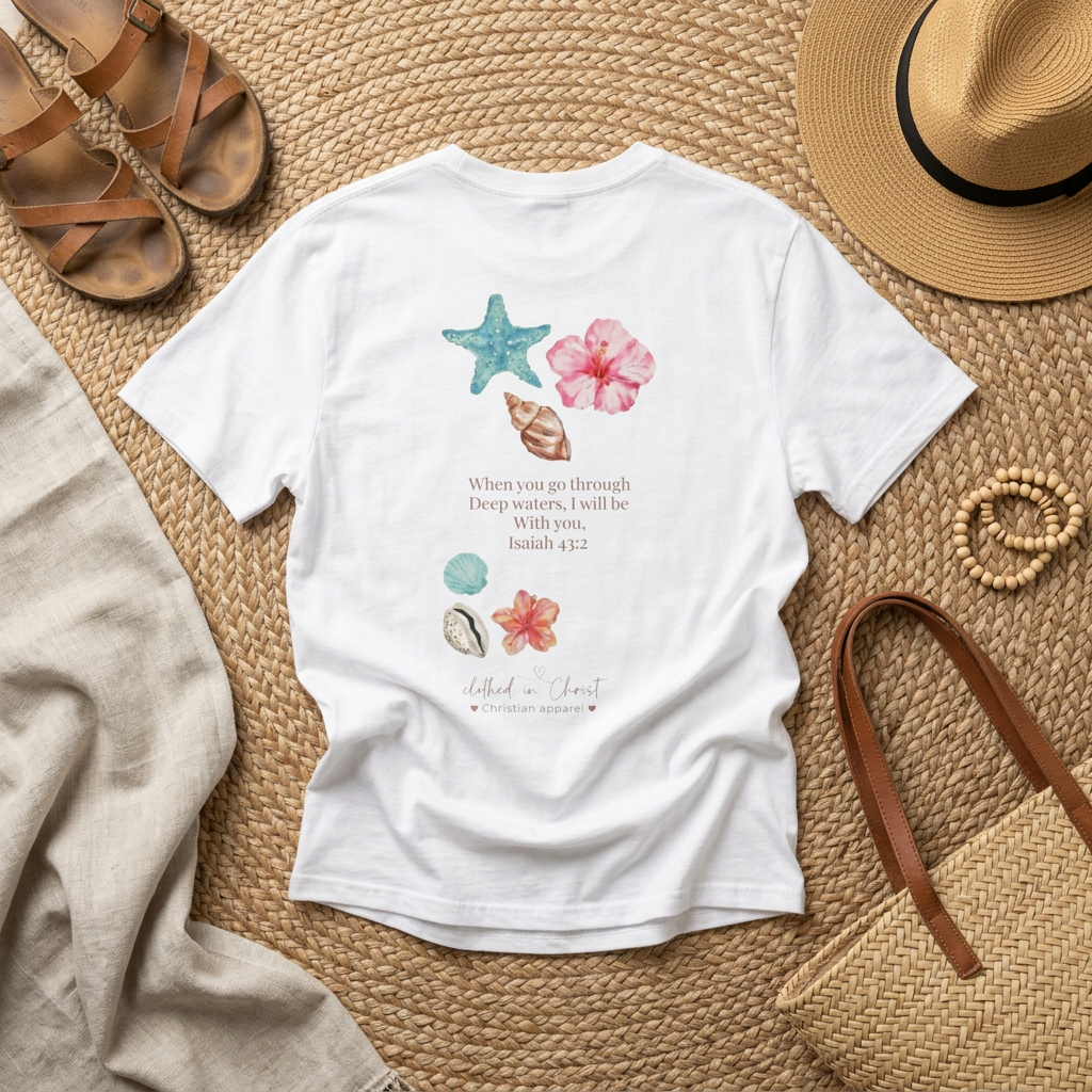 Clothed In Christ T‑Shirt — Isaiah 43:2 Beach Tee Printify
