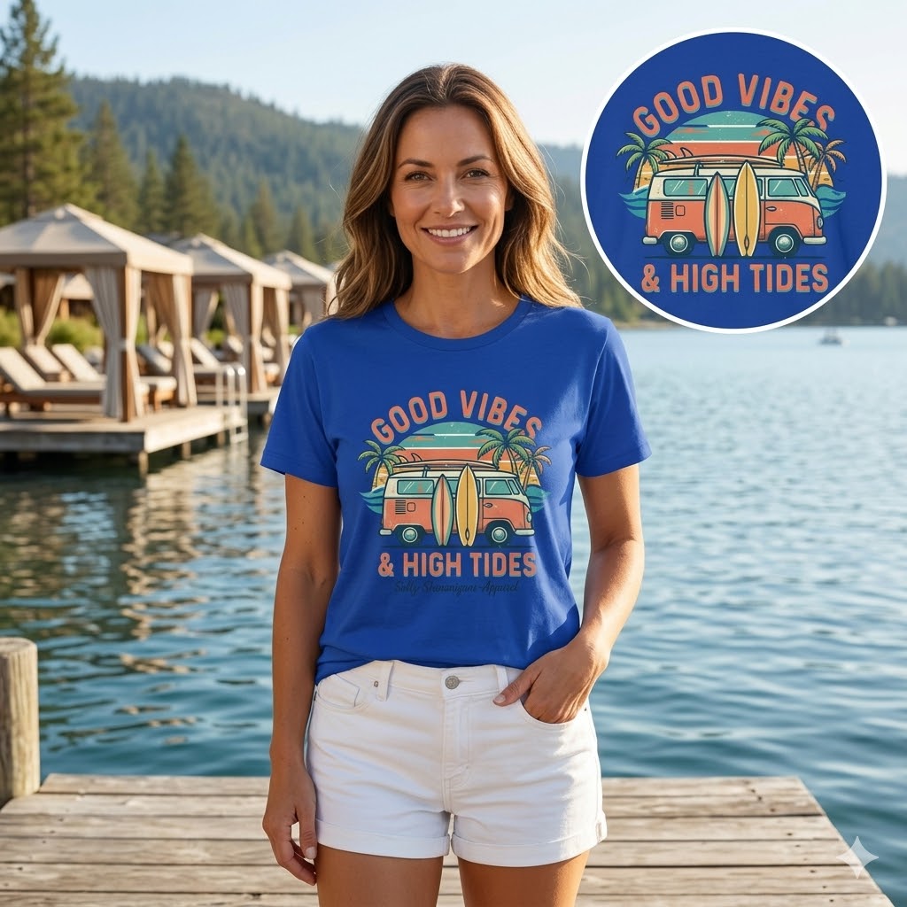 Good Vibes High Tides Beach Shirt | Coastal Surf Lifestyle Tee Printify