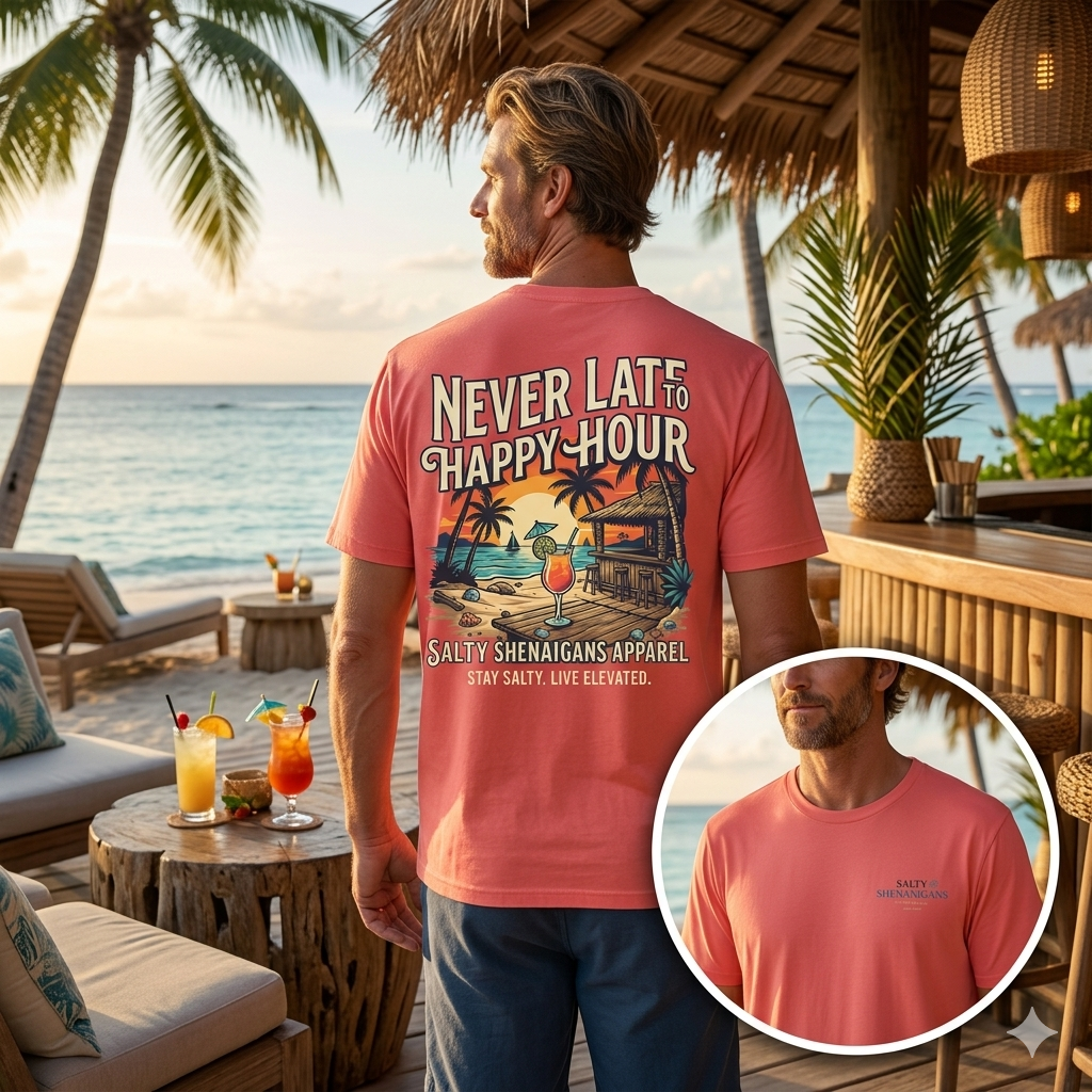 Never Late To Happy Hour Coastal Graphic Tee | Salty Shenanigans Apparel Printify