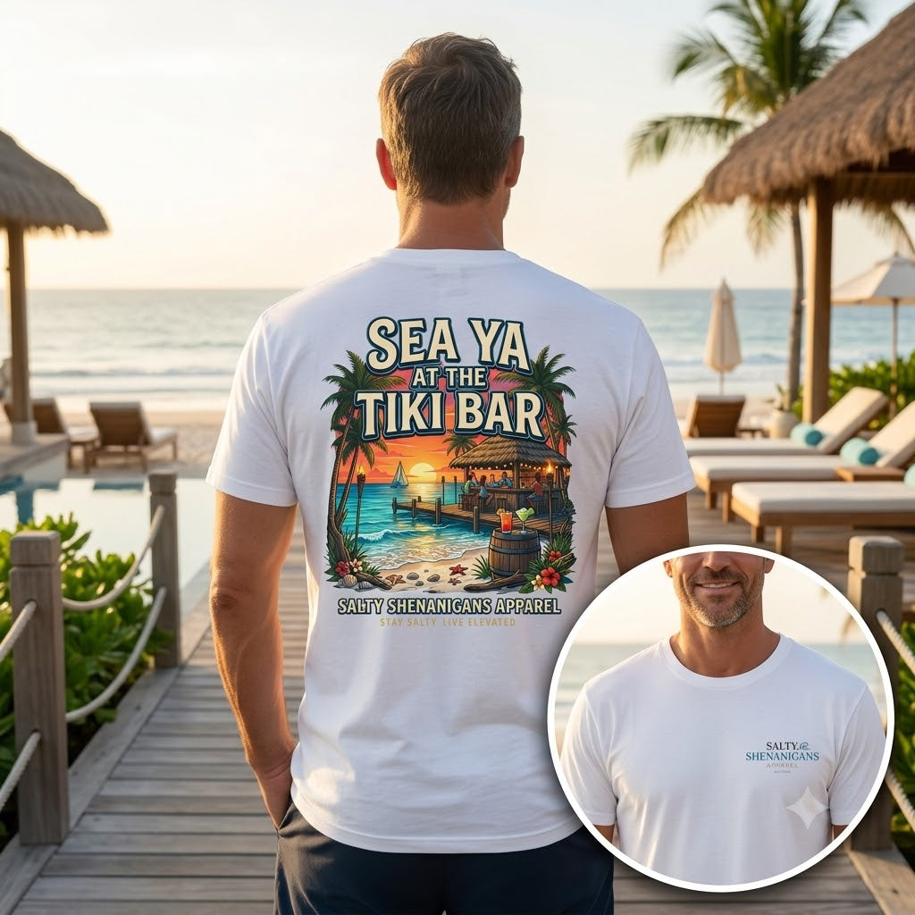 Sea Ya at the Tiki Bar Beach T-Shirt | Tropical Vacation Graphic Tee Printify