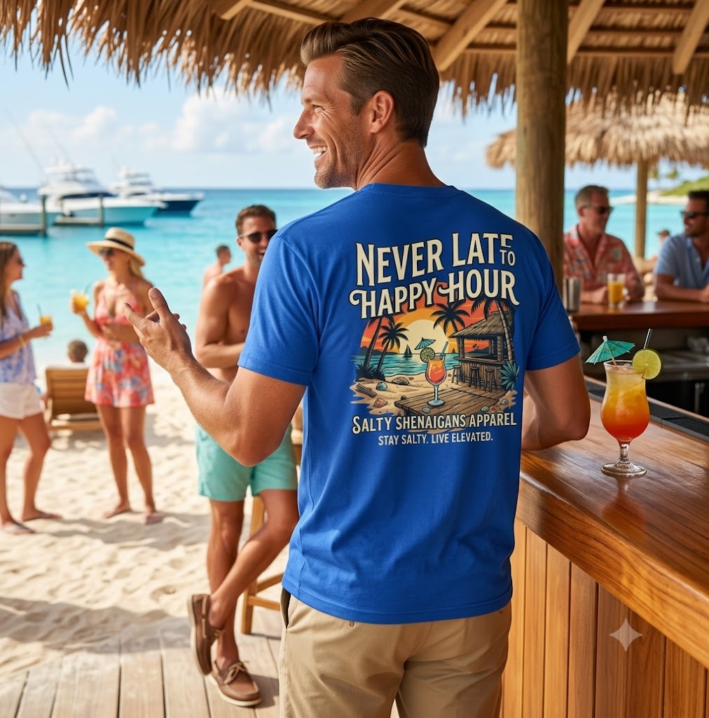 Never Late to Happy Hour – Funny Beach Bar Graphic Tee | Hanes Beefy-T Adult T-Shirt Printify