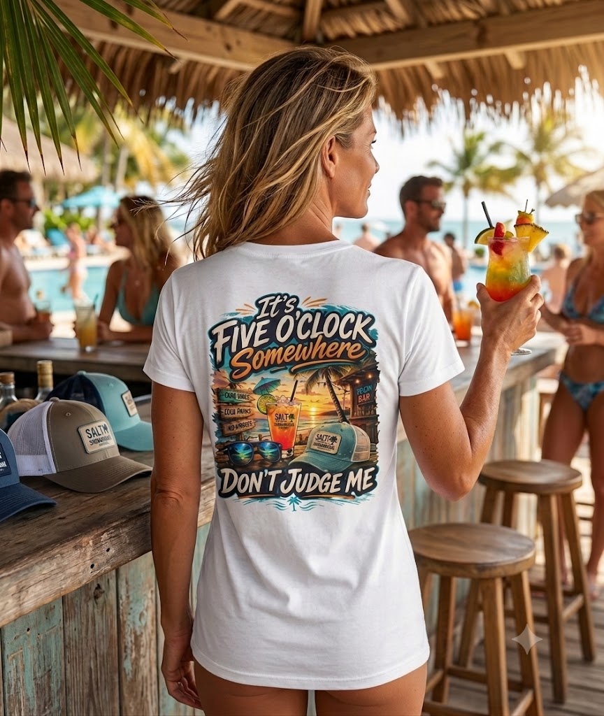 It's Five O'Clock Somewhere, Don't Judge Me | Funny Beach Bar Graphic Tee Printify