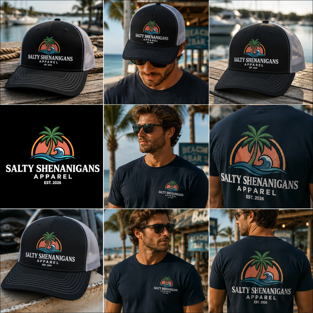 Salty Shenanigans Apparel Coastal Palm Wave Logo Collection | Premium Beach Lifestyle Trucker Hat & Graphic Tee | Richardson 112 Inspired Printify