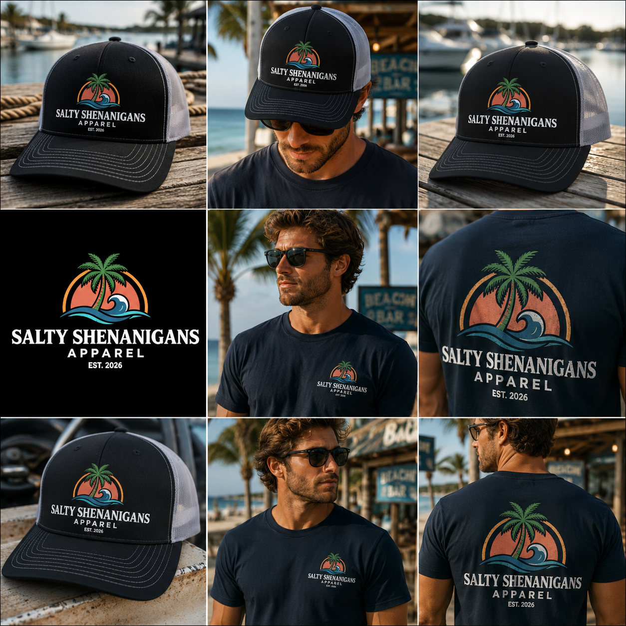 Salty Shenanigans Apparel Coastal Palm Wave Logo Collection | Premium Beach Lifestyle Trucker Hat & Graphic Tee | Richardson 112 Inspired Printify