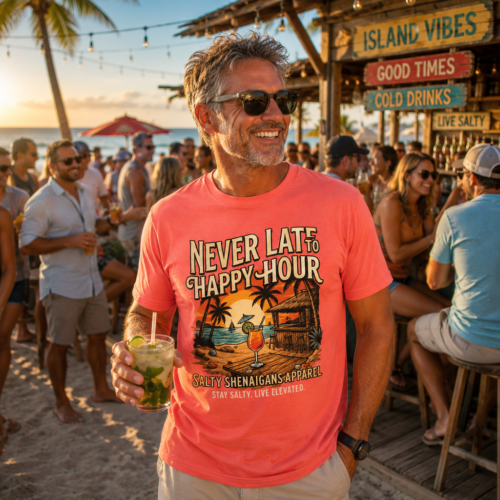 23.99 All JULY - Never Late to Happy Hour Front Graphic T-Shirt | Beach Bar Tee Printify