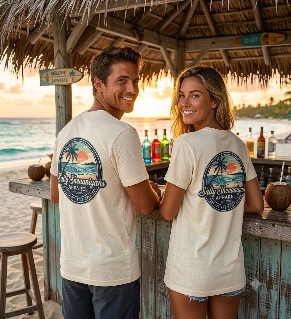 Salty Shenanigans Vintage Coastal Sunset Logo Printify