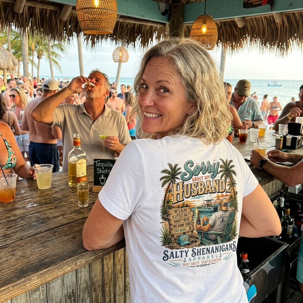 Sorry About My Husband... Funny Women's Beach T-Shirt | Bella+Canvas Printify