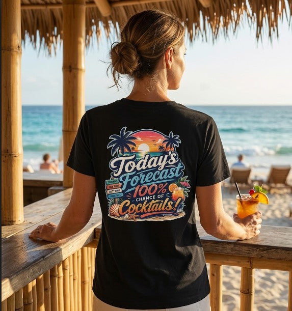 Today's Forecast: 100% Cocktails Funny Beach T-Shirt Printify