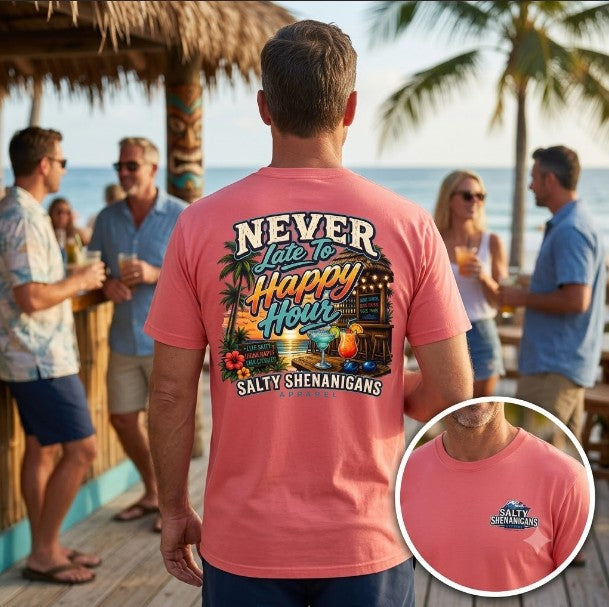 Never Late to Happy Hour Coastal SunsetTee Printify