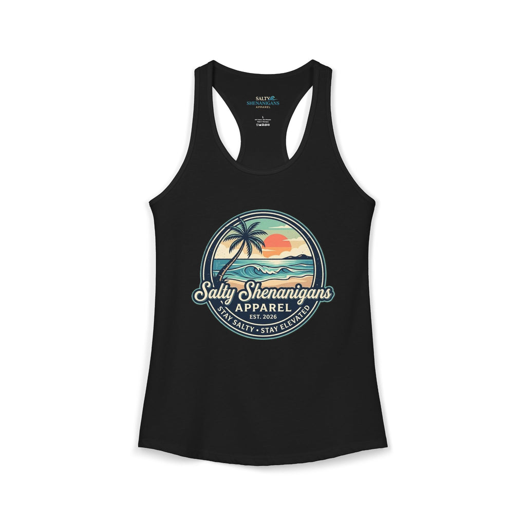 Salty Shenanigans Vintage Coastal Sunset Logo Women's Racerback Tank Printify