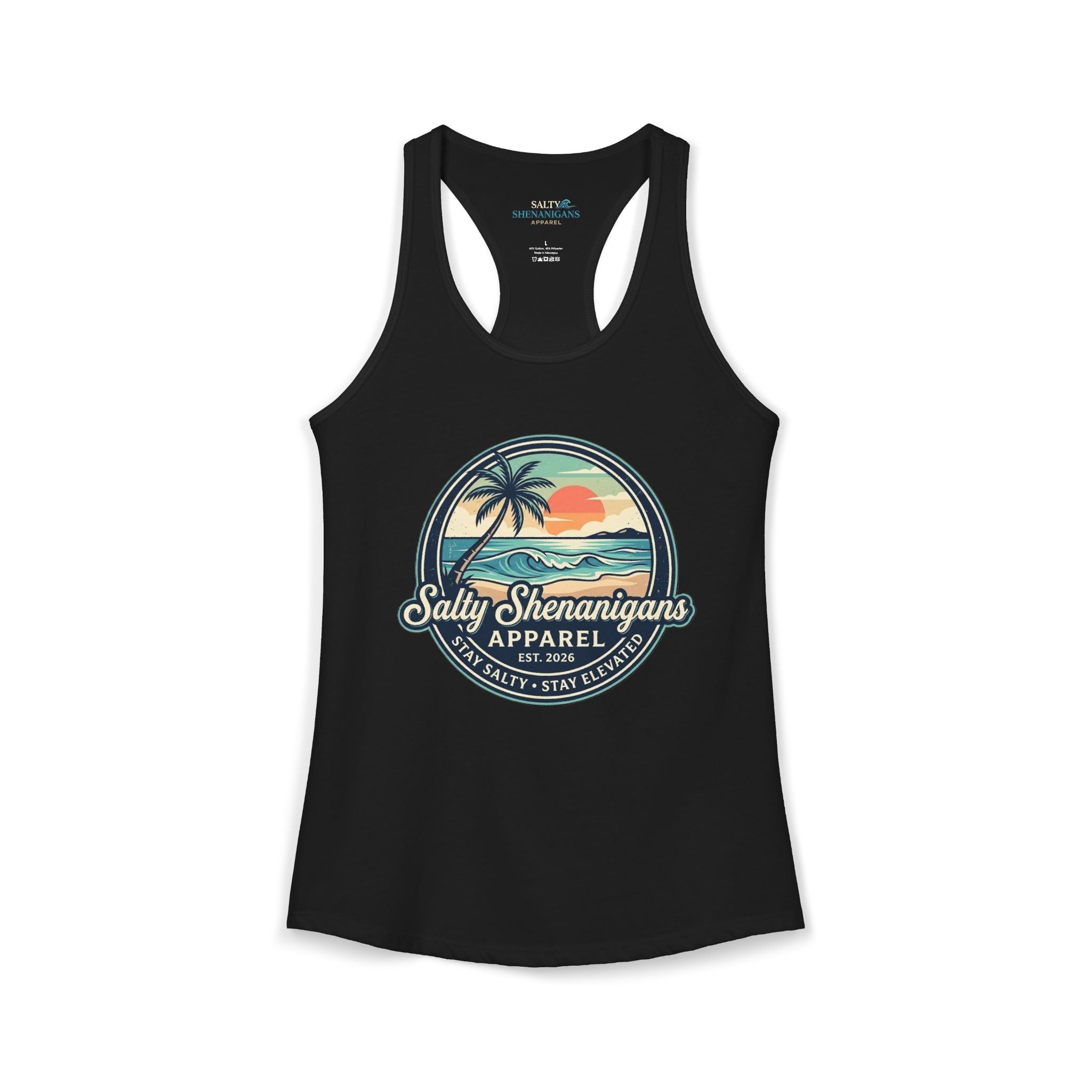 Salty Shenanigans Vintage Coastal Sunset Logo Women's Racerback Tank Printify