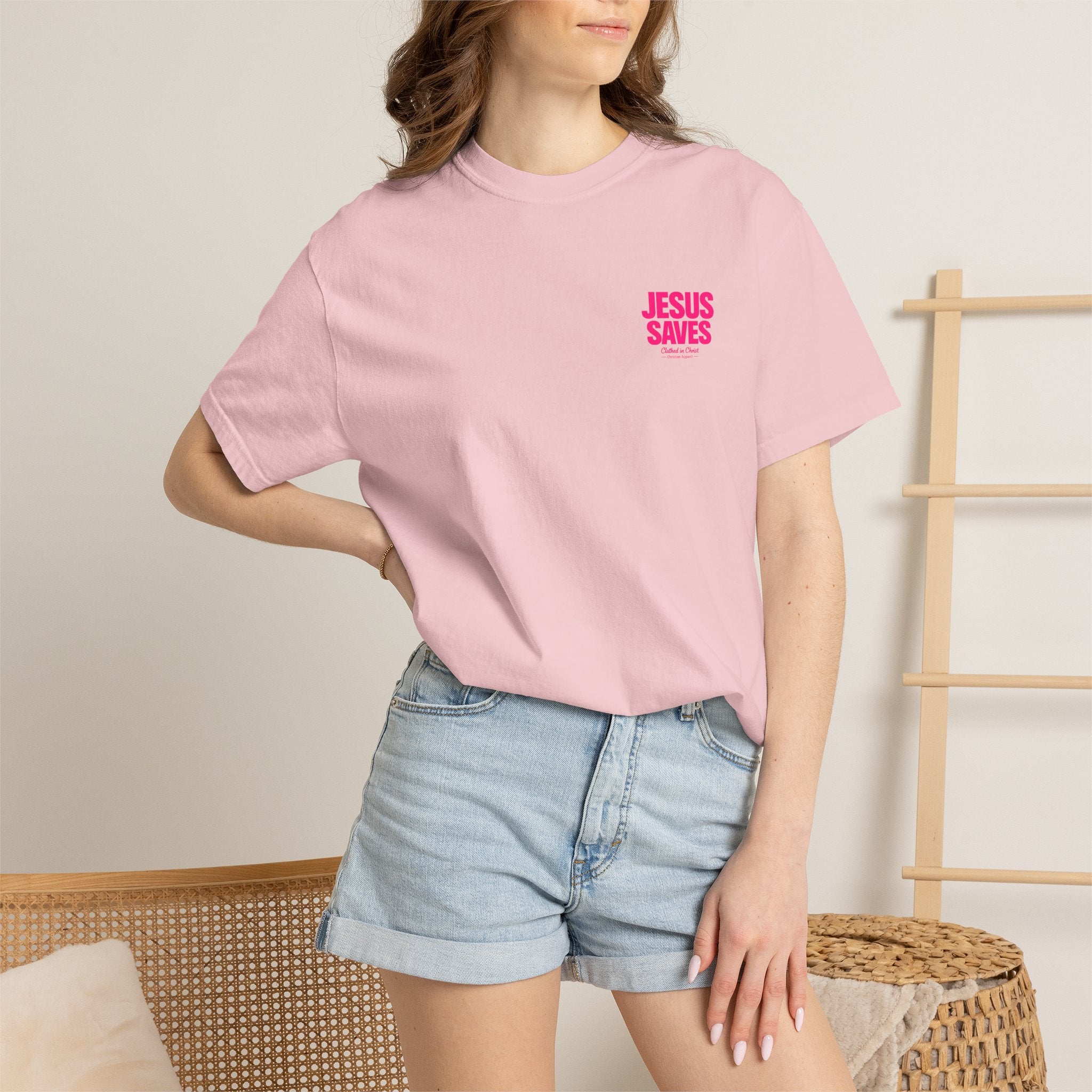 Jesus Saves T‑Shirt — Bold Pink Faith Graphic Tee Printify