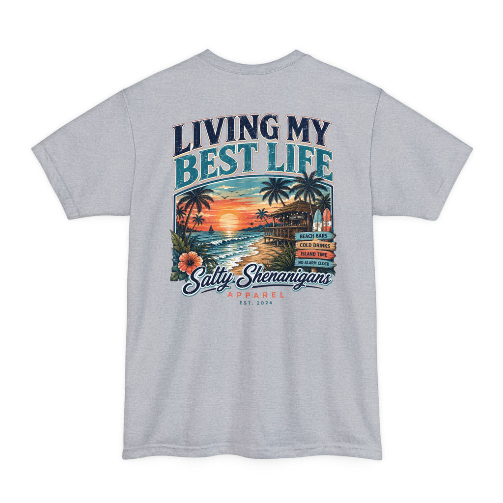 Living My Best Life Sunset Tee | Hanes Beefy-T Tall Beach Vacation T-Shirt Printify