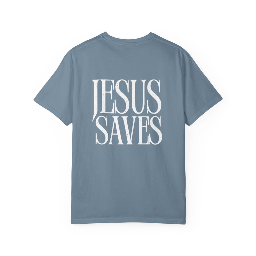 Jesus Saves T-Shirt — Minimal Embossed Religious Tee Printify