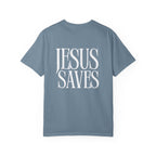 Jesus Saves T-Shirt — Minimal Embossed Religious Tee Printify