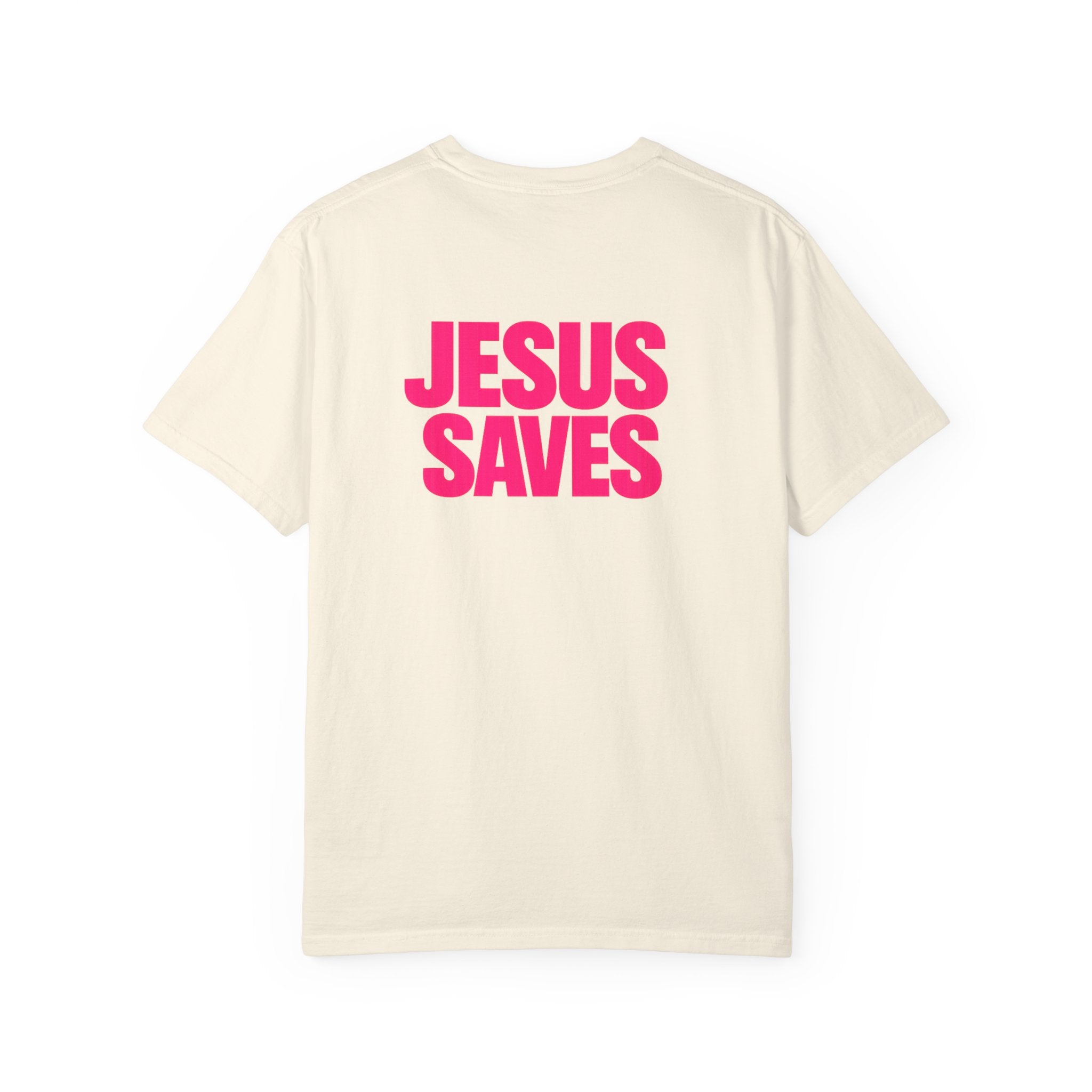 Jesus Saves T‑Shirt — Bold Pink Faith Graphic Tee Printify