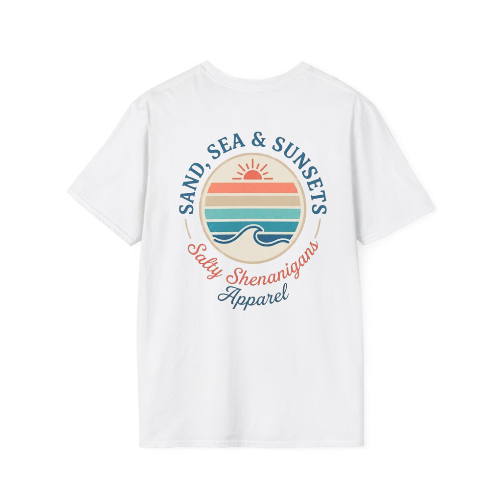 Salty Shenanigans Apparel Sand, Sea & Sunsets T-Shirt Printify