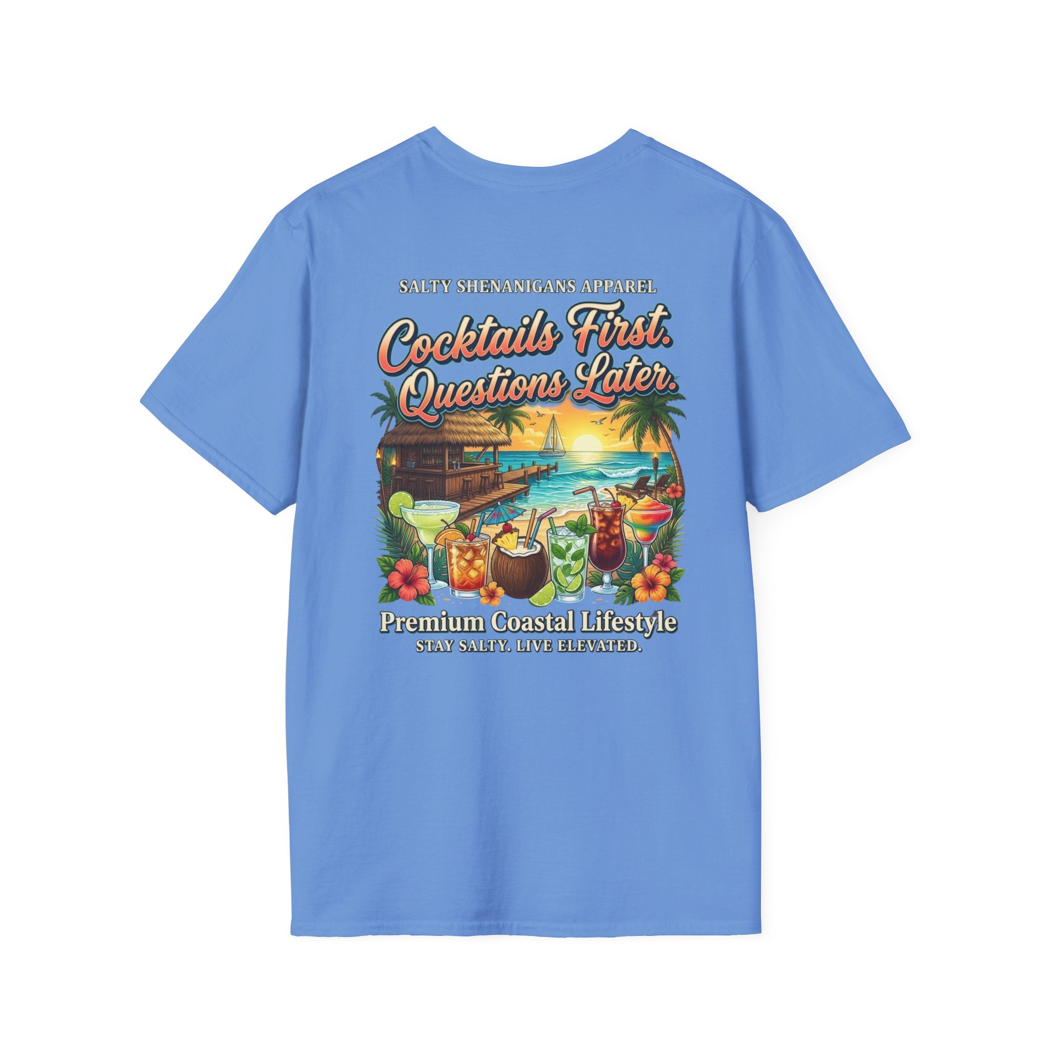 Cocktails First Questions Later Shirt | Funny Beach Drinking Tee | Tropical Vacation Graphic T-Shirt | Coastal Cocktail Shirt | Salty Shenanigans Apparel Printify