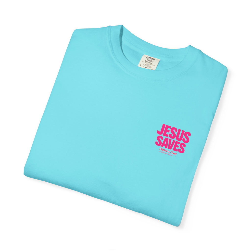 Jesus Saves T‑Shirt — Bold Pink Faith Graphic Tee Printify