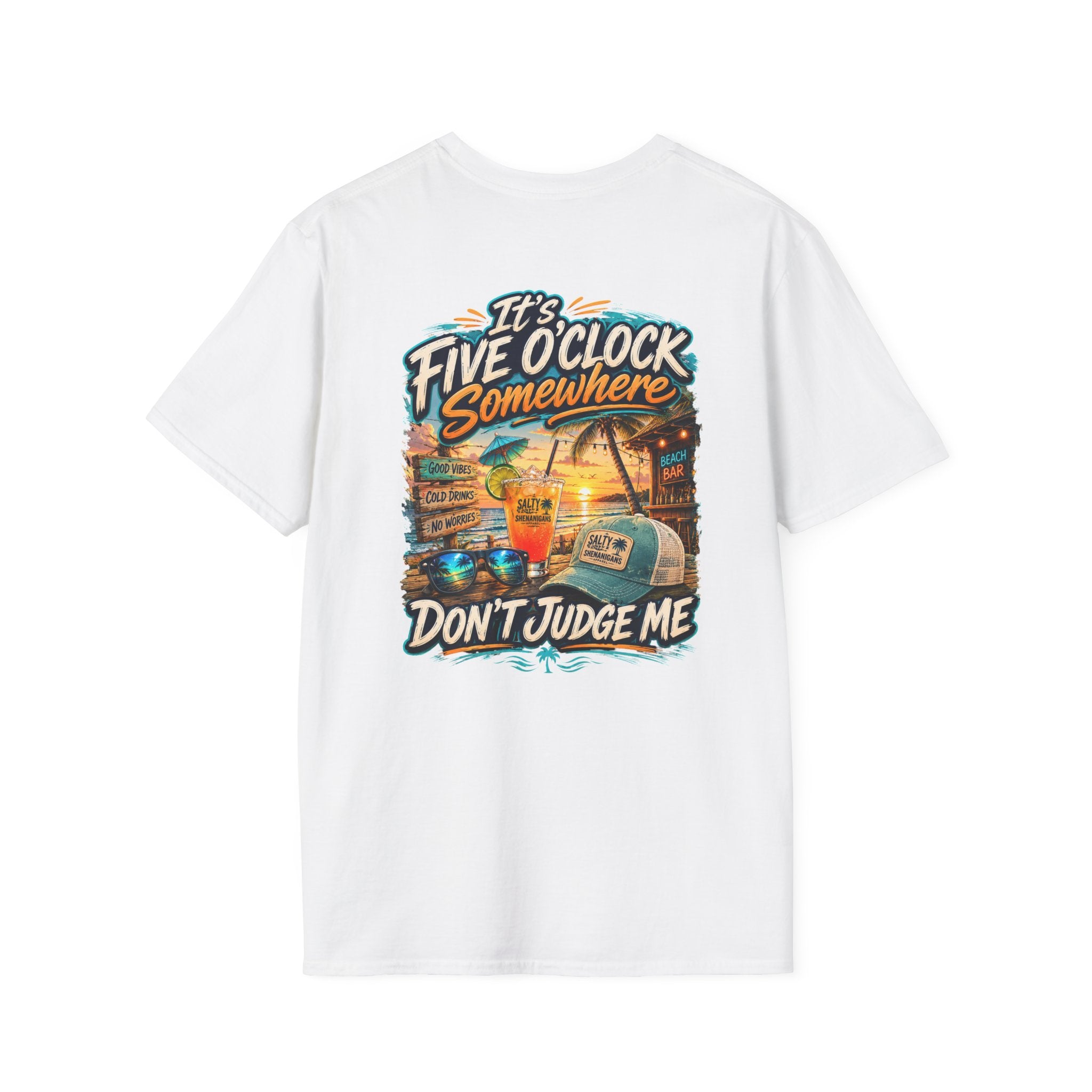 It's Five O'Clock Somewhere, Don't Judge Me | Funny Beach Bar Graphic Tee Printify