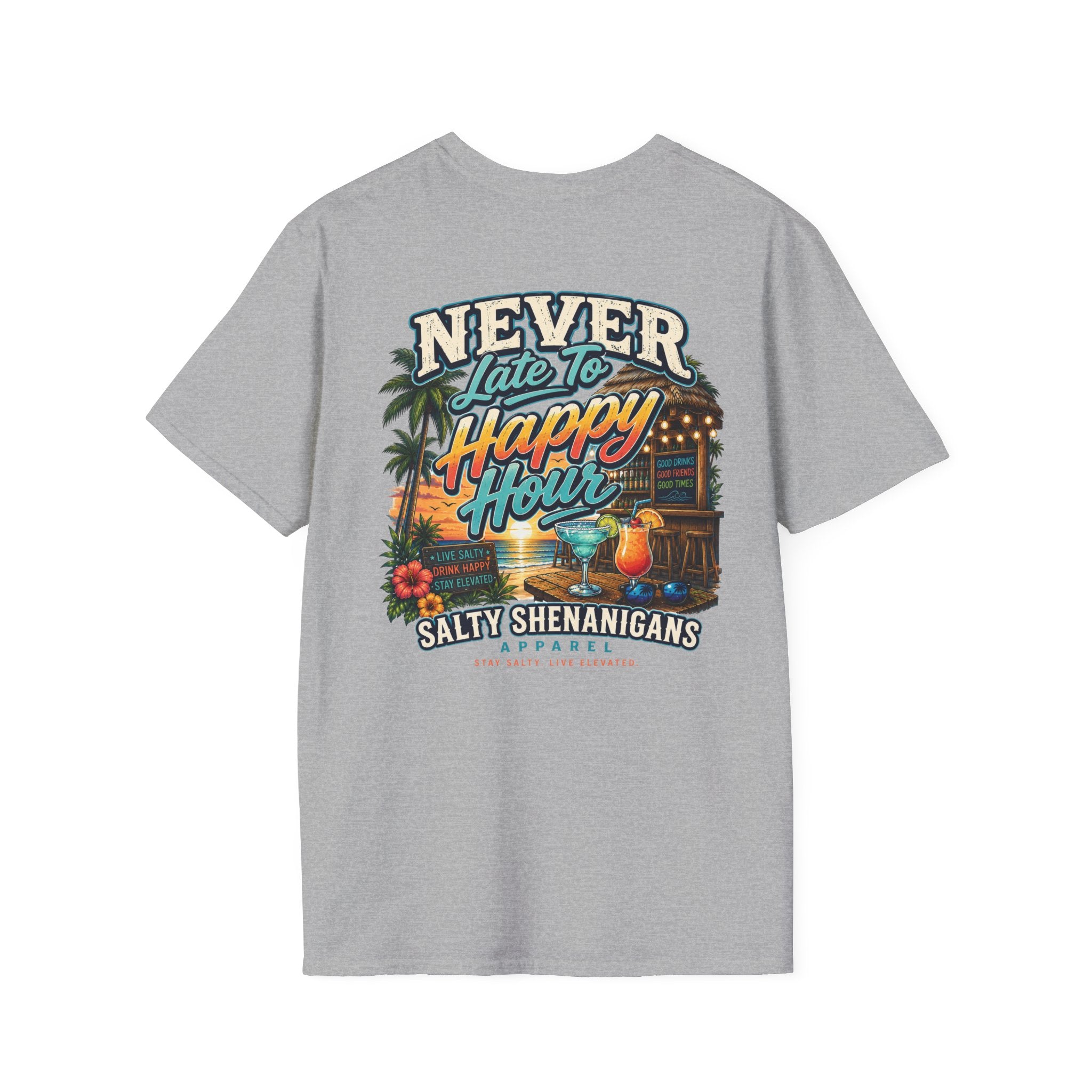 Never Late to Happy Hour Coastal Sunset Tee Printify