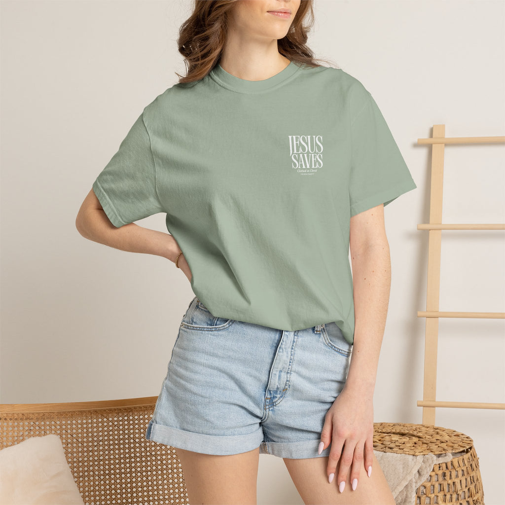 Jesus Saves T-Shirt — Minimal Embossed Religious Tee Printify