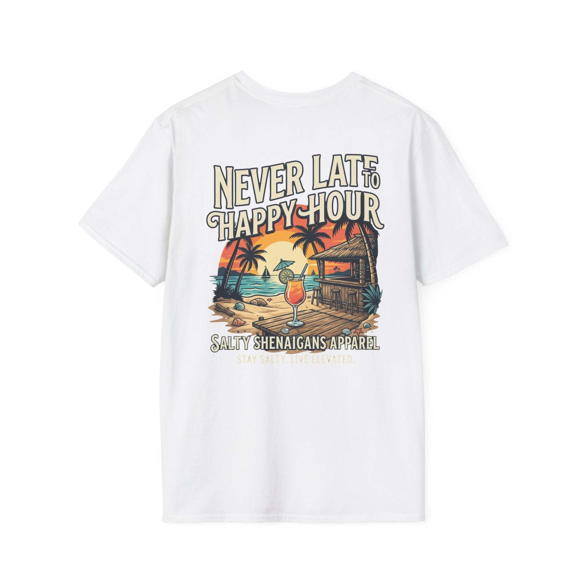 Never Late To Happy Hour Coastal Graphic Tee | Salty Shenanigans Apparel Printify