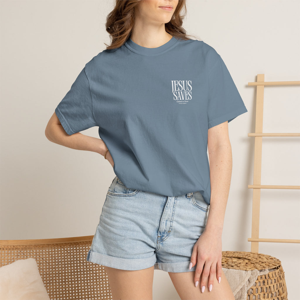 Jesus Saves T-Shirt — Minimal Embossed Religious Tee Printify